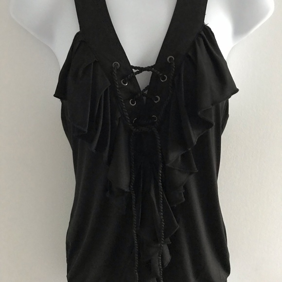 NWOT XOXO Black Roped Criss Cross Ruffled Women’s Tank Top - Picture 5 of 11